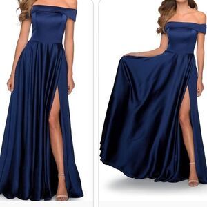 La Femme 28978 Off the Shoulder Satin Ballgown Navy Blue Dress 10 NWT $318